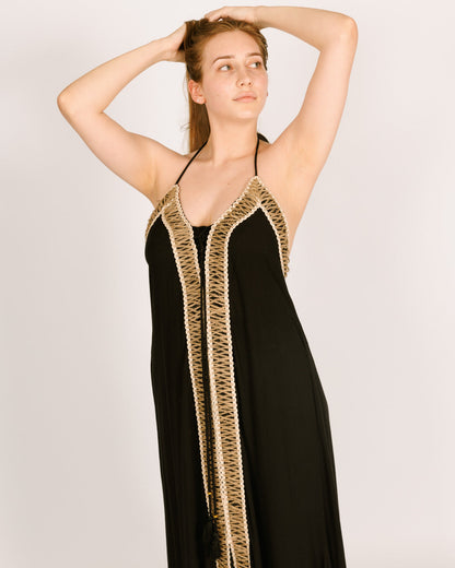 Black Maxi Dress with a Straw Border