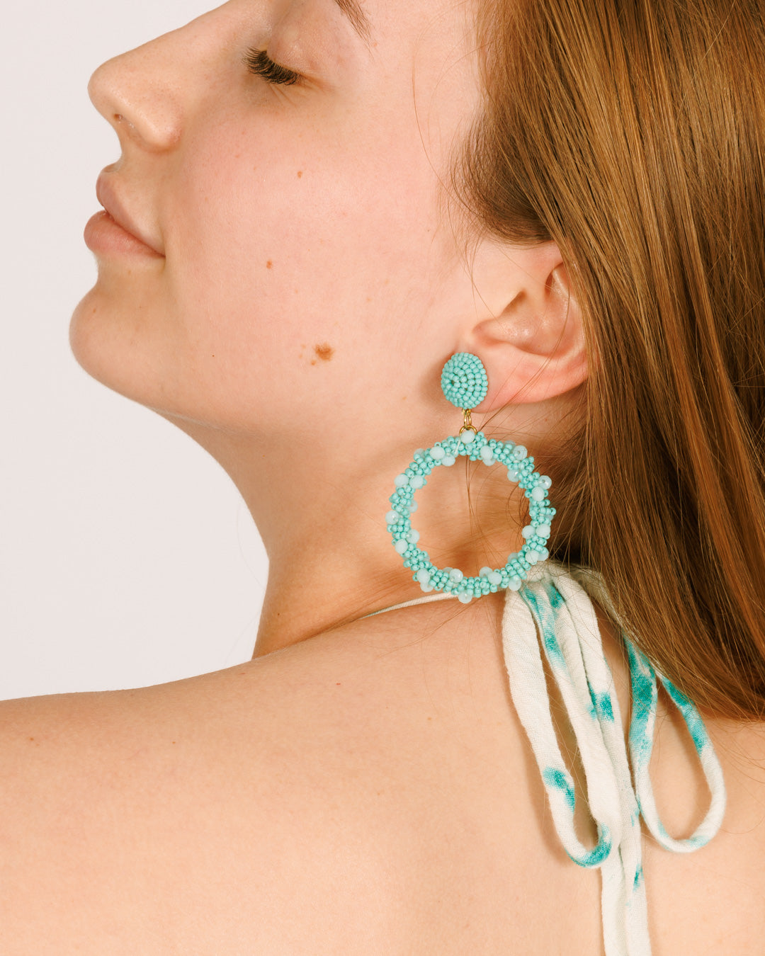 Beaded Earrings - Light Blue Hoop