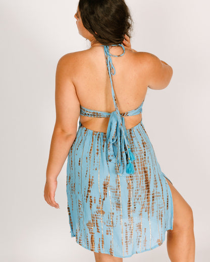 Mini Ring Dress, Light Blue Tie-Dye with Brown and Gold