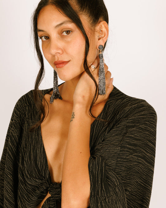 Beaded Earrings - Black/Grey Fringe