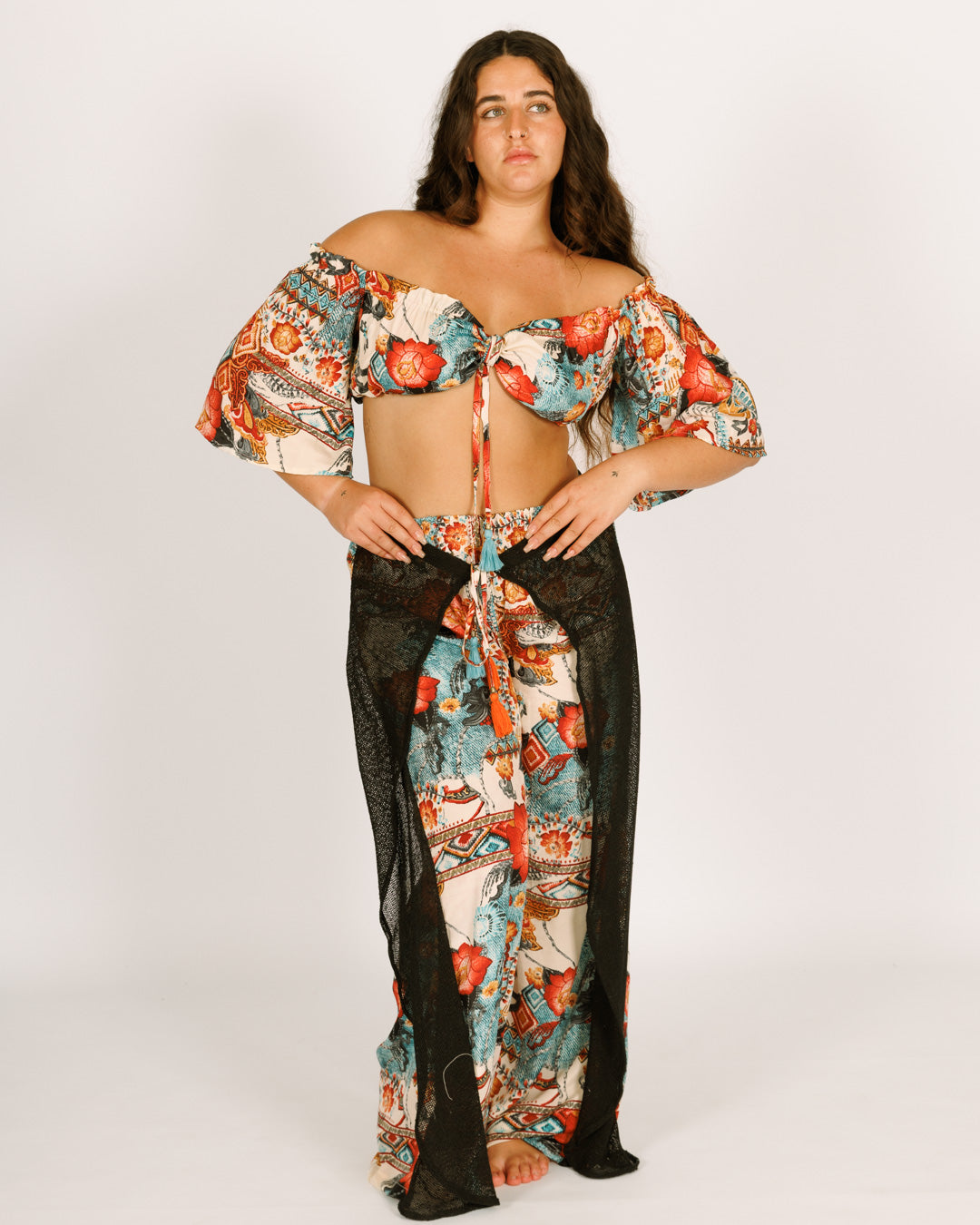 Long Silk Pants with Half Mesh in Light Blue and Red Floral Pattern