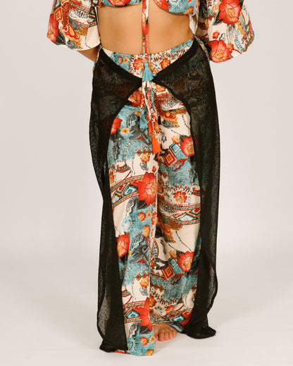 Long Silk Pants with Half Mesh in Light Blue and Red Floral Pattern