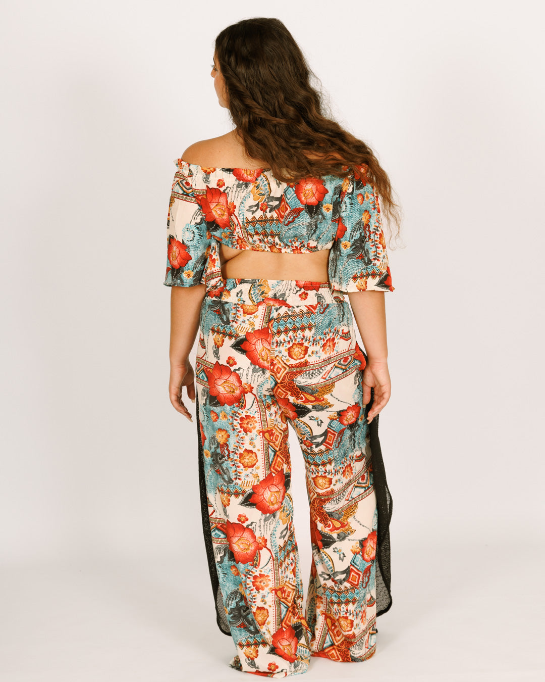 Long Silk Pants with Half Mesh in Light Blue and Red Floral Pattern