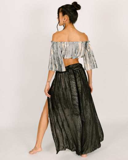 Long mesh pants, inner layer in gray and gold tie-dye, with slits