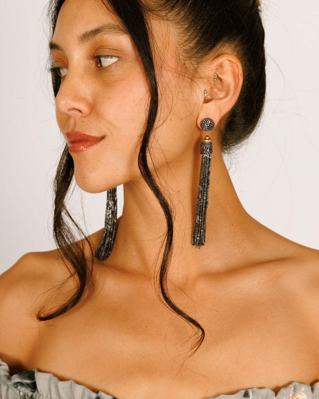 Beaded Earrings - Black/Grey Fringe