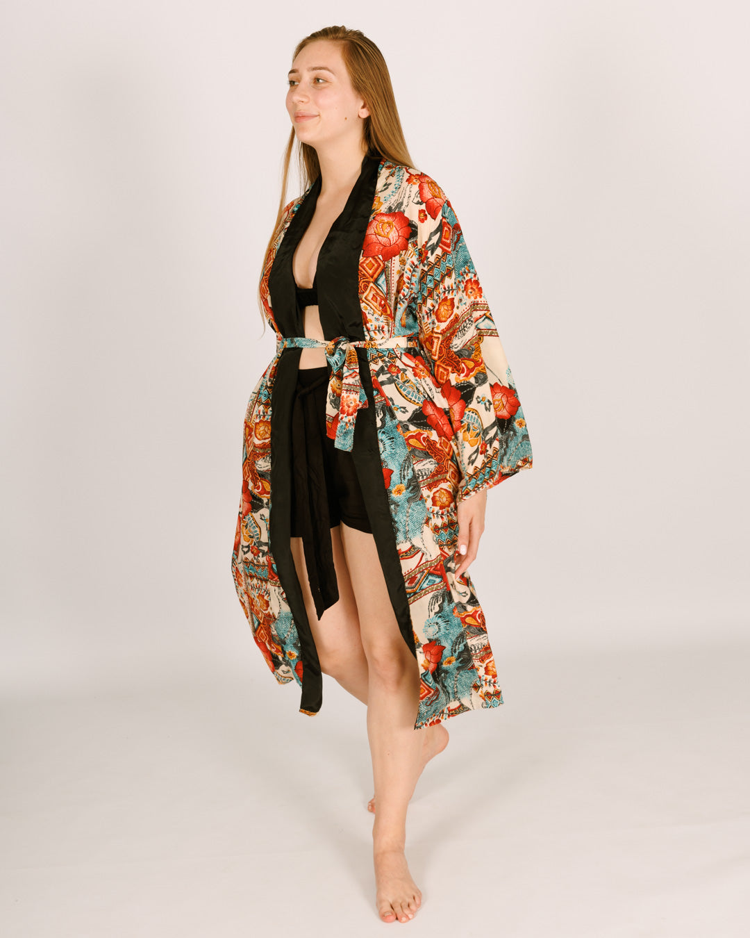 Women Maxi Silk Kimono, Light Blue with Red Flowers, Long Sleeves