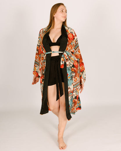 Women Maxi Silk Kimono, Light Blue with Red Flowers, Long Sleeves