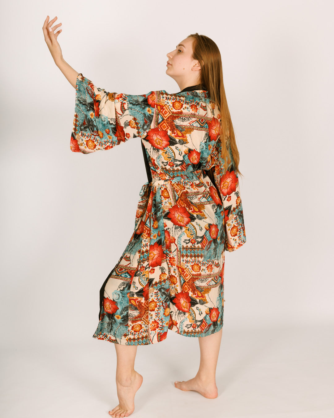 Women Maxi Silk Kimono, Light Blue with Red Flowers, Long Sleeves