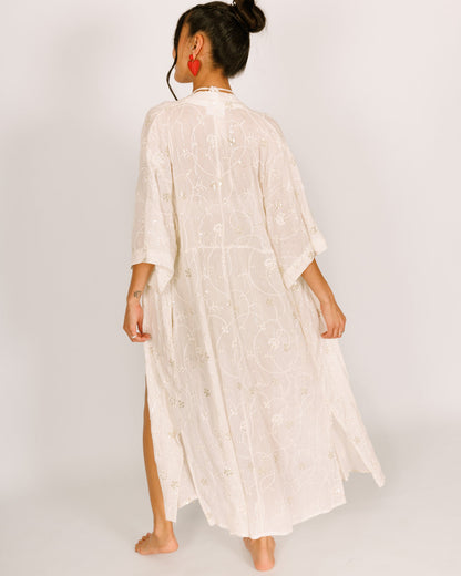 White Maxi Kimono with Floral Embroidery and Sequins, Short Sleeves