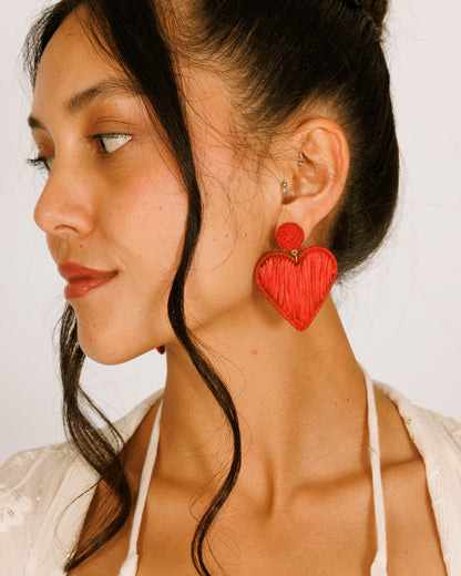 Raffia Earrings - Red Heart