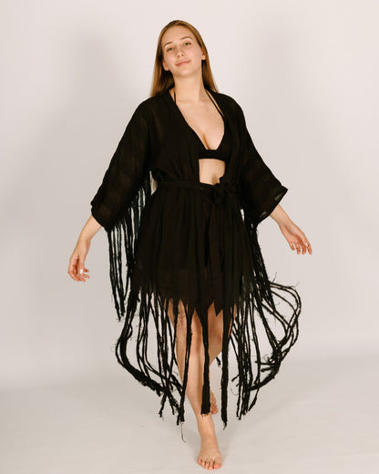 Women Black Maxi Kimono with Sun Straps