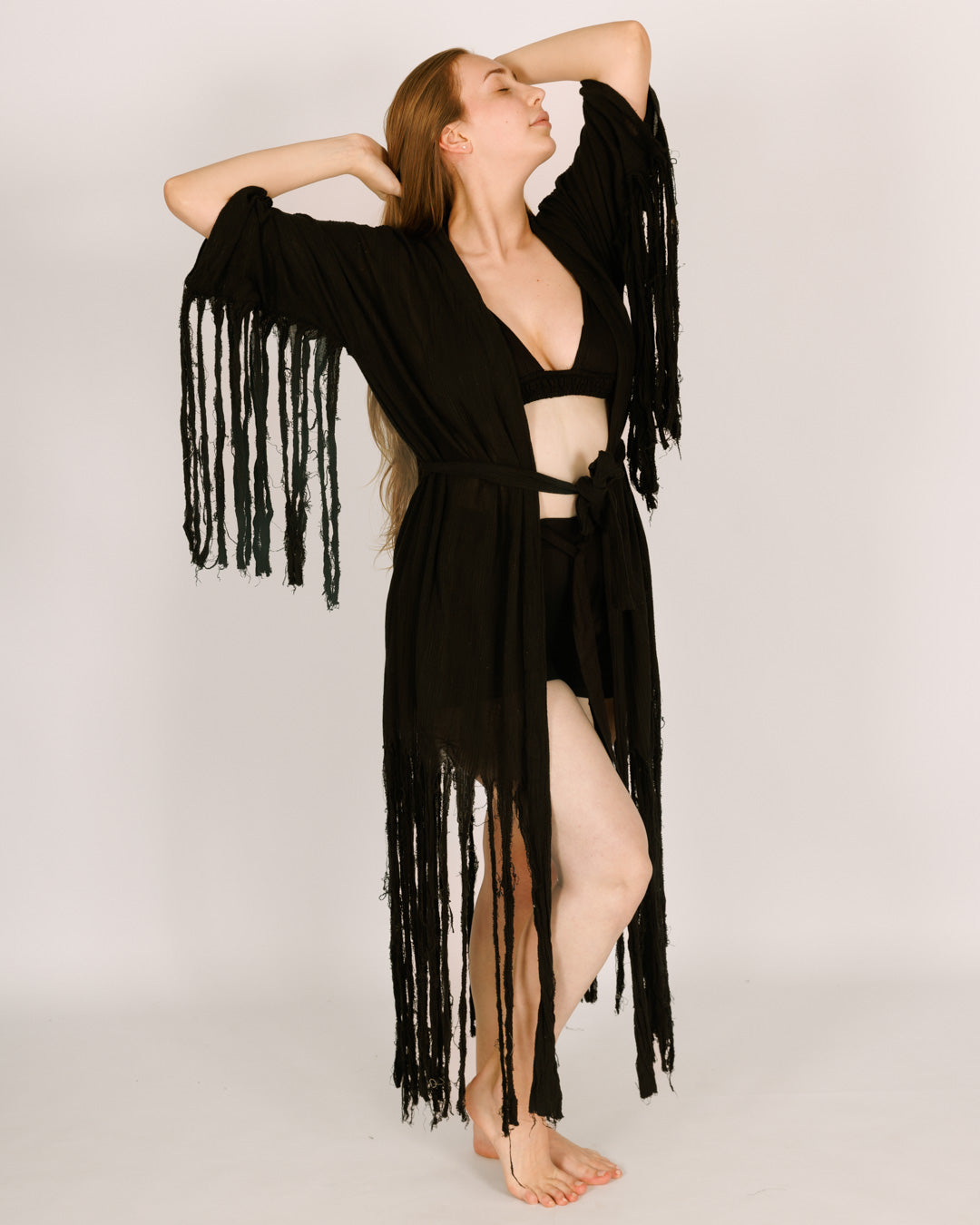 Women Black Maxi Kimono with Sun Straps