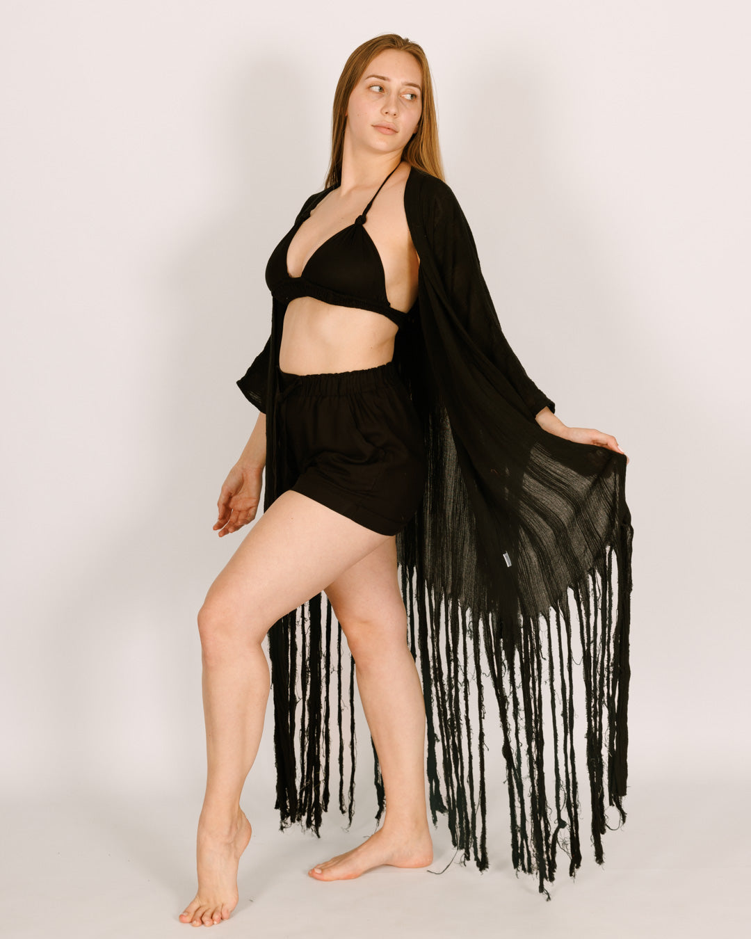 Women Black Maxi Kimono with Sun Straps