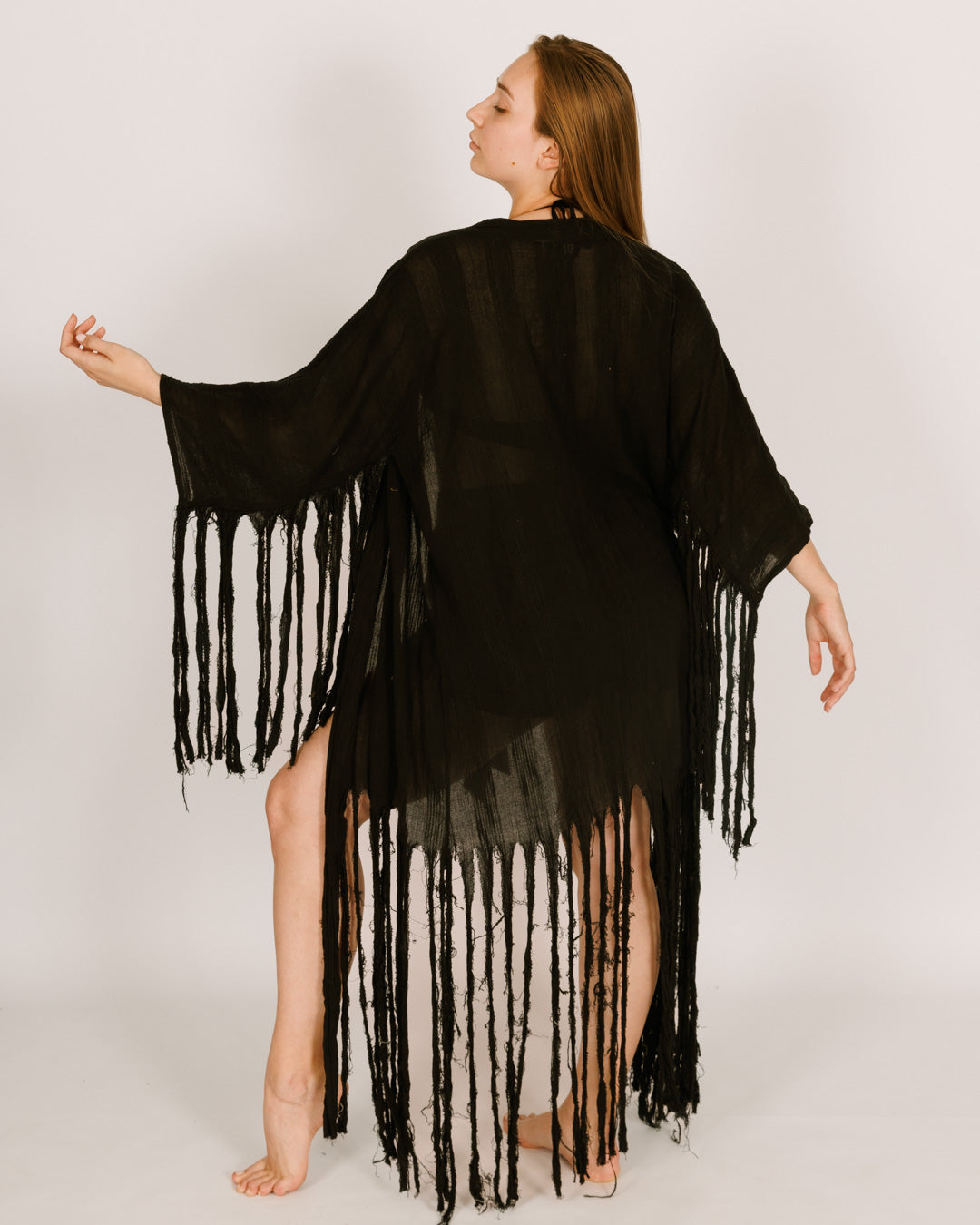 Women Black Maxi Kimono with Sun Straps