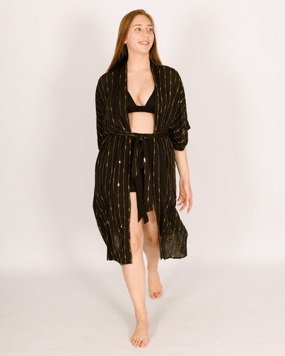 Black Maxi Kimono with Sequined Embroidery