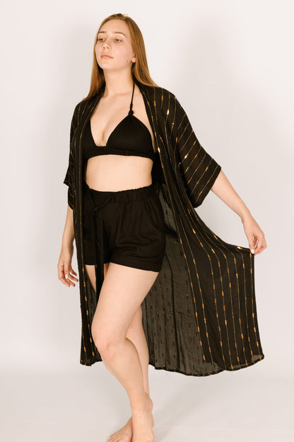 Black Maxi Kimono with Sequined Embroidery