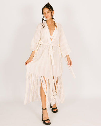 White Maxi Kimono with Sun Stripes