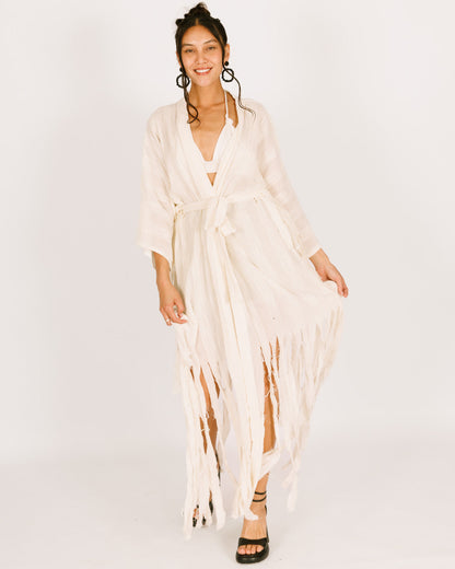 White Maxi Kimono with Sun Stripes