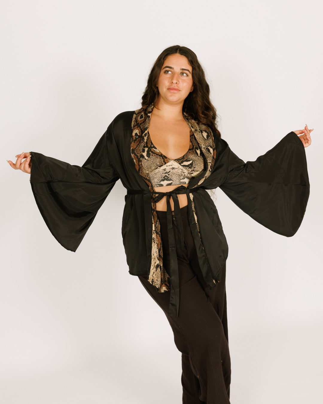 Women Mid-Length Silk Kimono, Long Sleeves, Reversible Snakeskin and Black