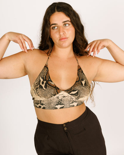 Two-sided patterned-marbled triangle crop top