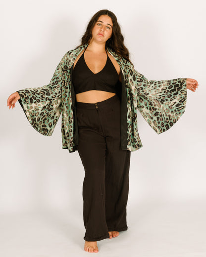 Women Mid-Length Silk Kimono with Long Sleeves, Reversible Blue and Black Leopard Print