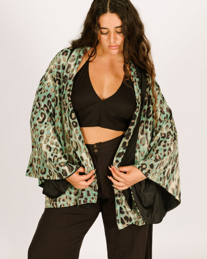 Women Mid-Length Silk Kimono with Long Sleeves, Reversible Blue and Black Leopard Print