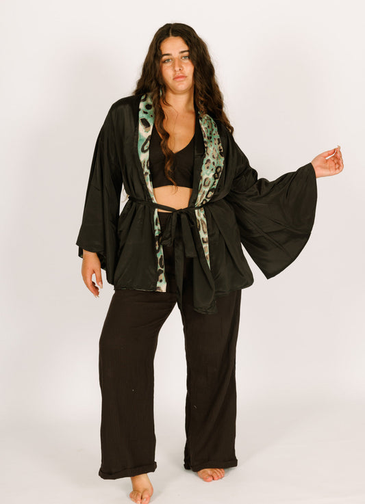 Women Mid-Length Silk Kimono with Long Sleeves, Reversible Blue and Black Leopard Print