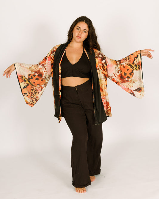 Women Midi Silk Kimono, Long Sleeves, Reversible with Orange and Black Butterflies