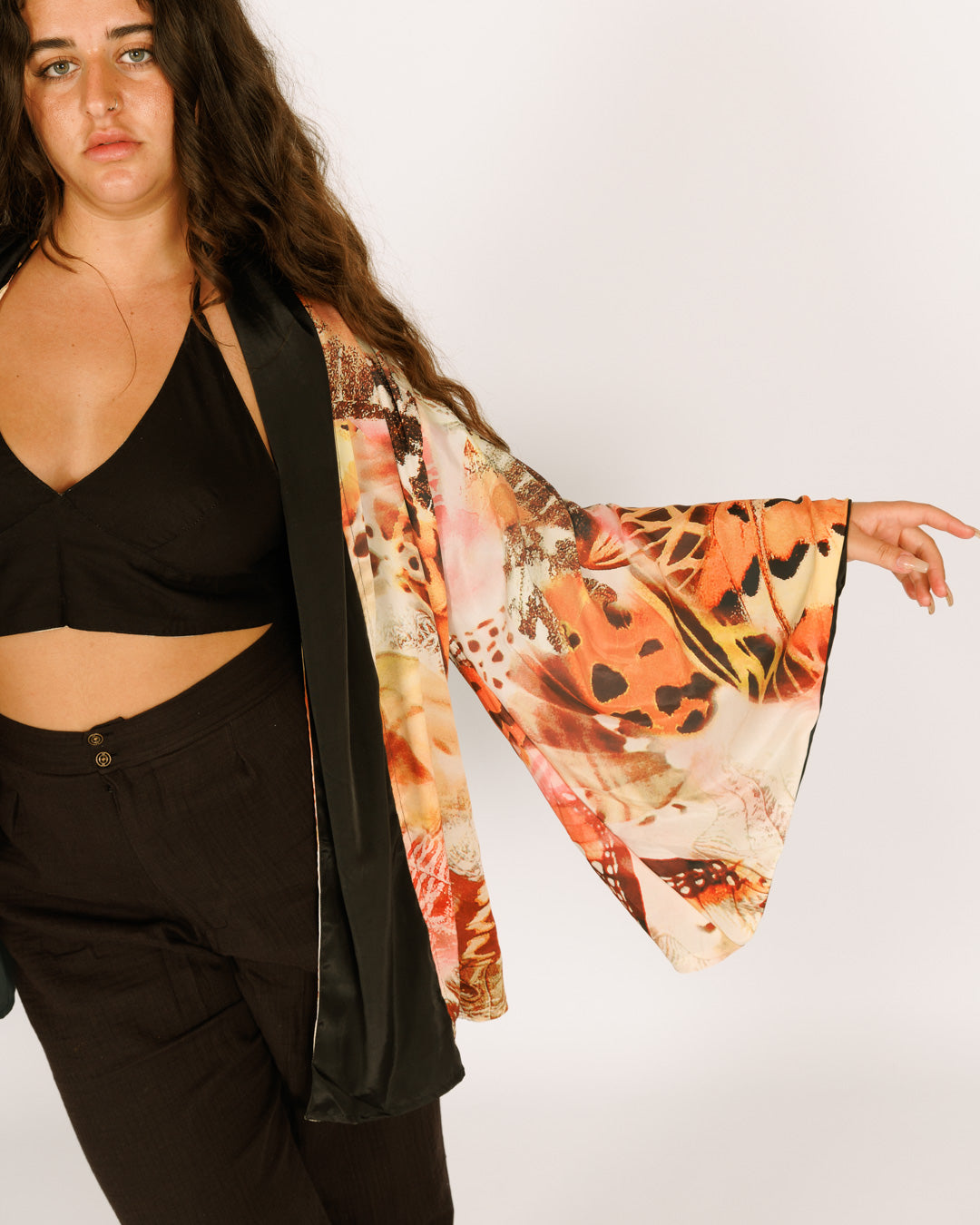 Women Midi Silk Kimono, Long Sleeves, Reversible with Orange and Black Butterflies