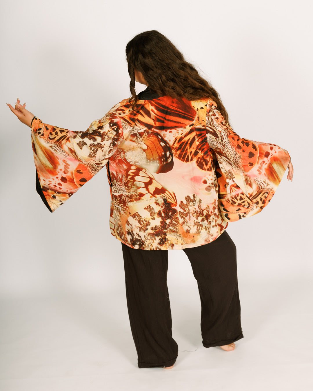 Women Midi Silk Kimono, Long Sleeves, Reversible with Orange and Black Butterflies