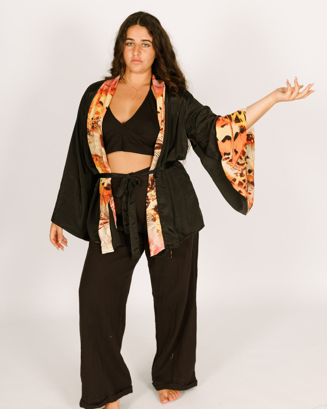 Women Midi Silk Kimono, Long Sleeves, Reversible with Orange and Black Butterflies