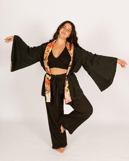 Women Midi Silk Kimono, Long Sleeves, Reversible with Orange and Black Butterflies