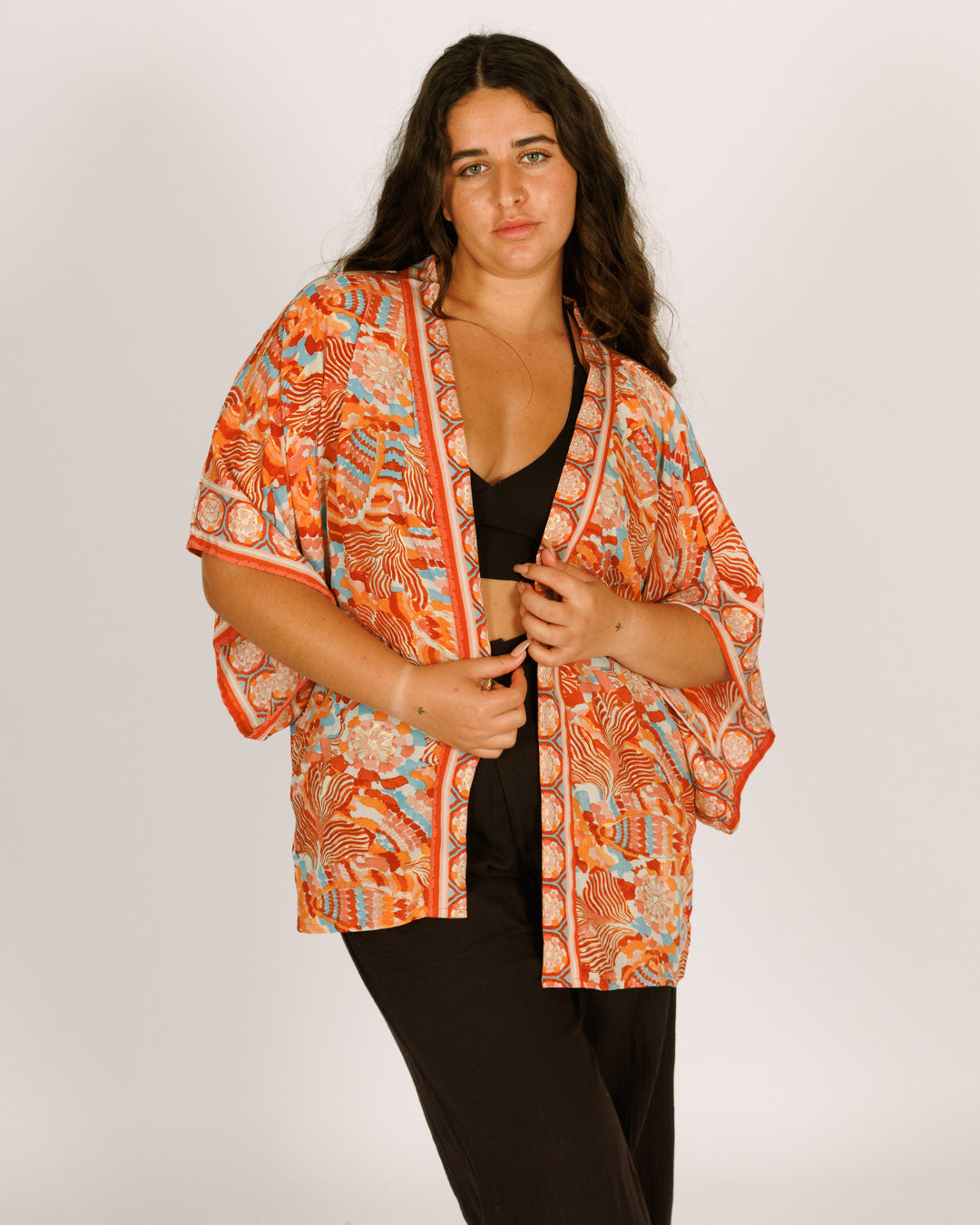 Short Orange Silk Kimono, Short Sleeves