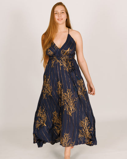 Blue Maxi Dress with Coral Gold Print