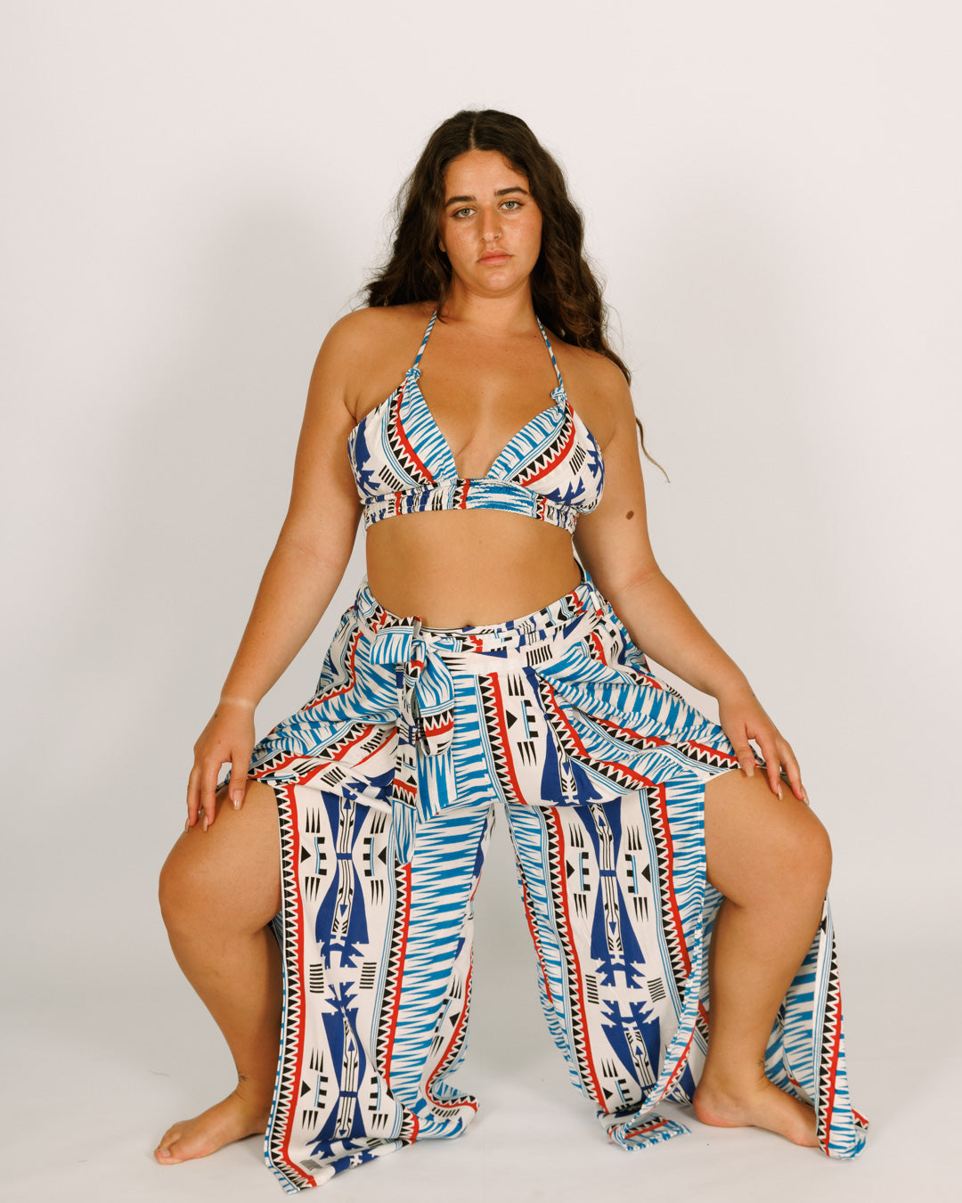 White and blue tribal triangle chest top