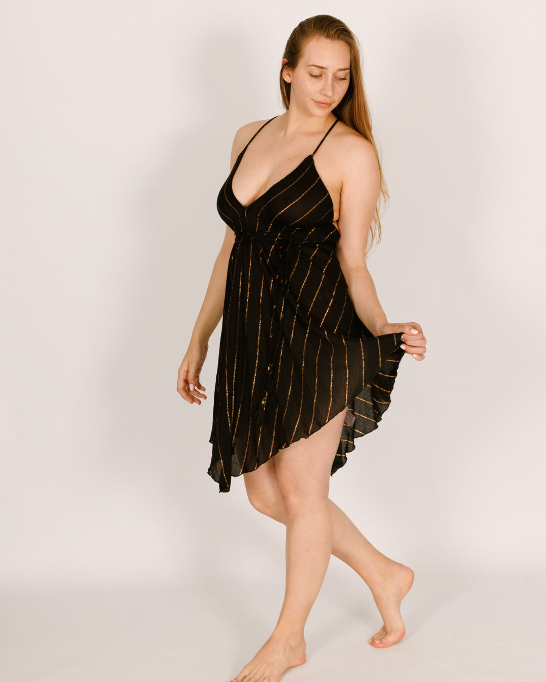 Mini Dress, Black with Gold Stripes, Short on the Sides