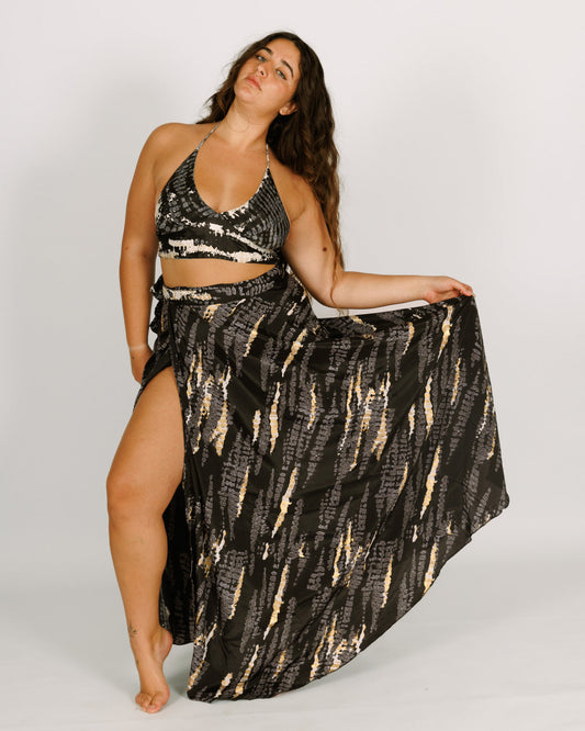 Maxi tie skirt, black Thai dye with white and gold