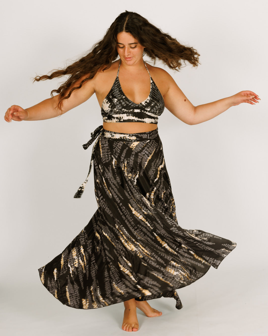 Maxi tie skirt, black Thai dye with white and gold