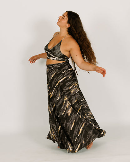 Maxi tie skirt, black Thai dye with white and gold