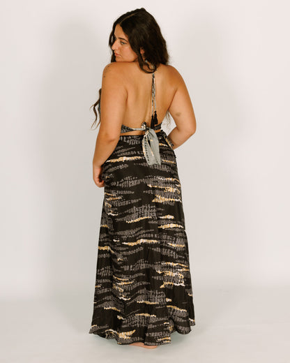 Maxi tie skirt, black Thai dye with white and gold