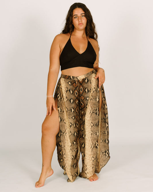 Snake-Print Silk Pants with Side Slits