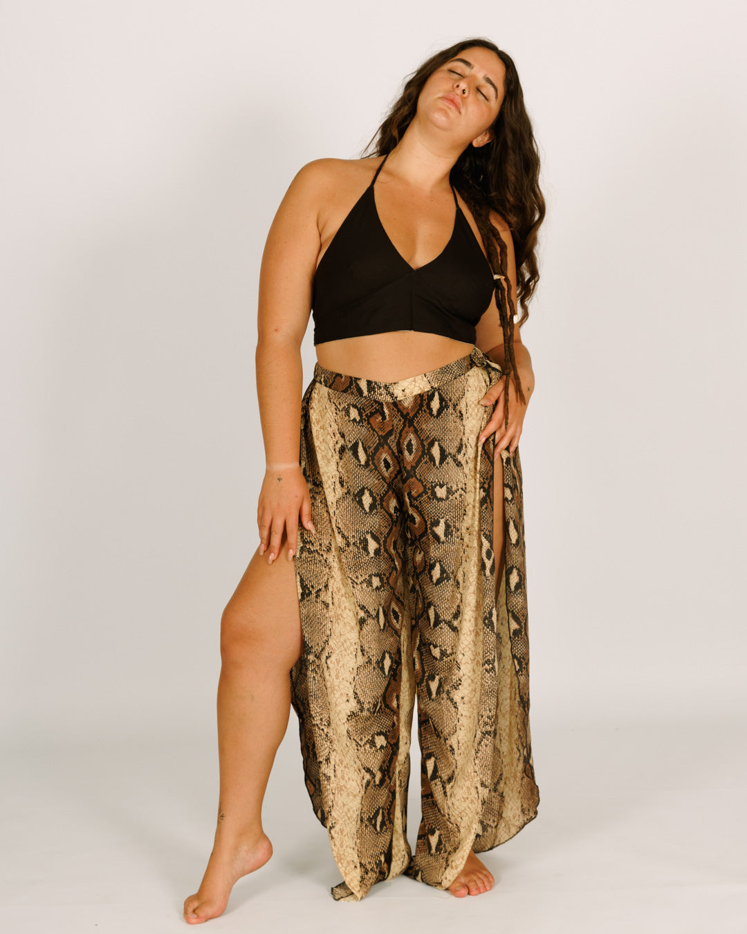 Snake-Print Silk Pants with Side Slits