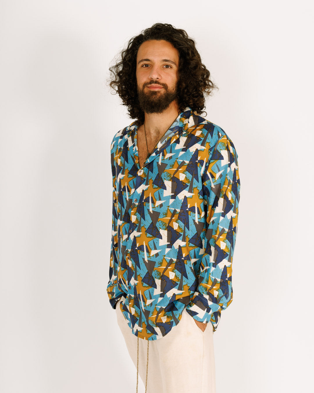 Long button-up viscose shirt for men - triangles in blue, camel, and white