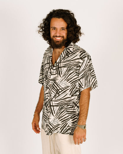 Short button-up viscose shirt for men - white with black and gray lines.