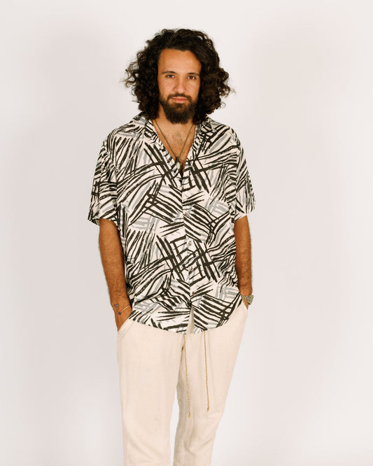 Short button-up viscose shirt for men - white with black and gray lines.