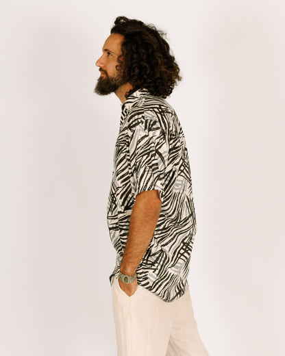 Short button-up viscose shirt for men - white with black and gray lines.