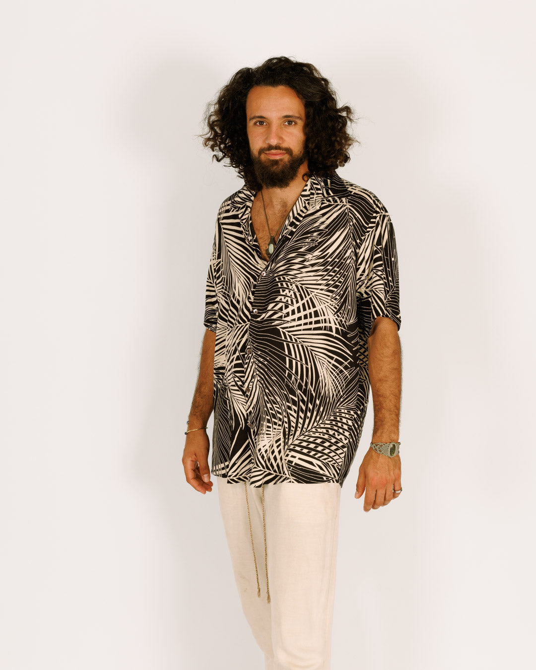 Button-up Shirt Leaves Print for Men