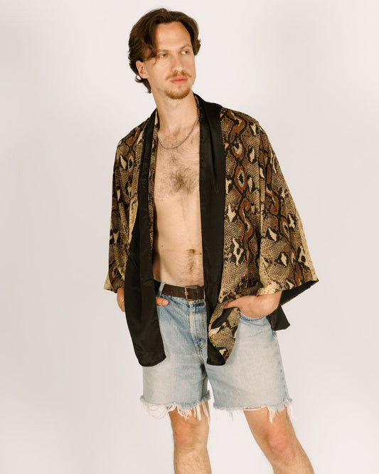 Men's Mid-Length Silk Kimono, Long Sleeves, Reversible Snakeskin and Black