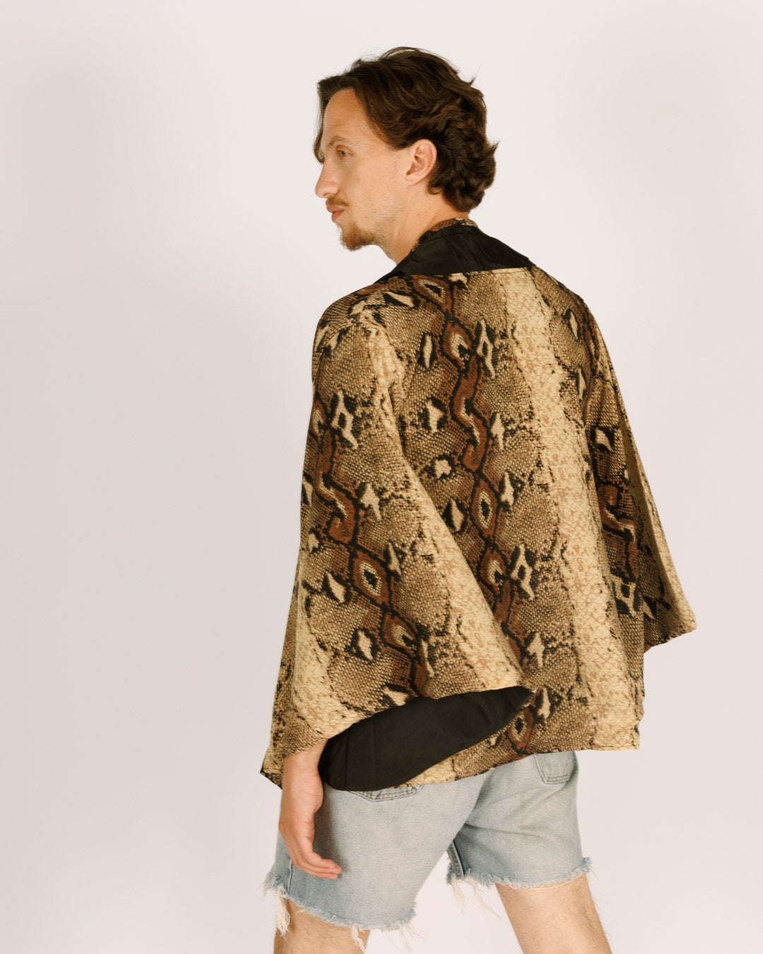 Men's Mid-Length Silk Kimono, Long Sleeves, Reversible Snakeskin and Black