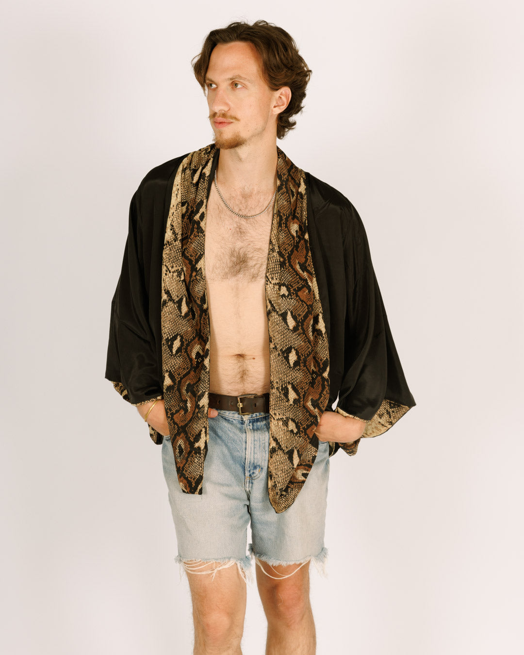 Men's Mid-Length Silk Kimono, Long Sleeves, Reversible Snakeskin and Black